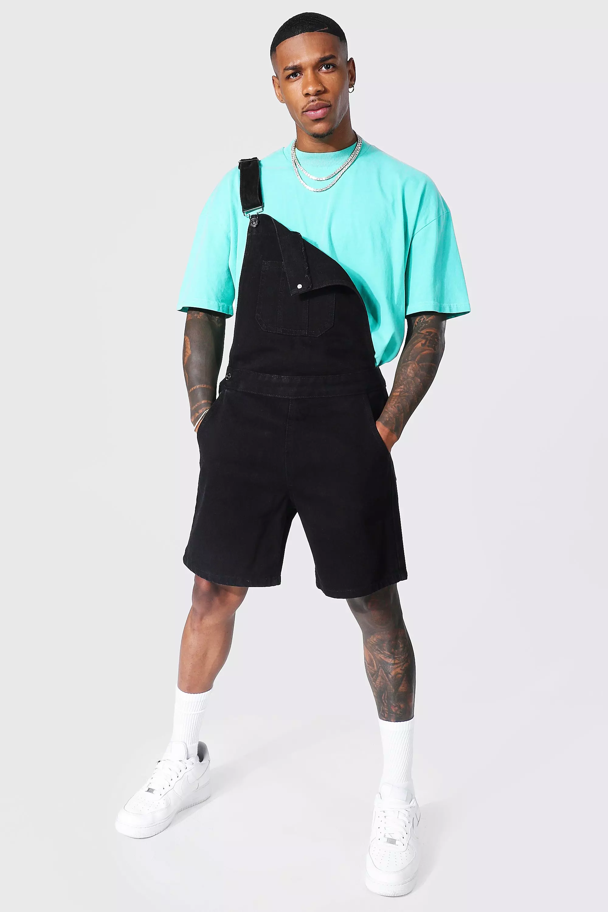 Mens black hot sale dungaree shorts